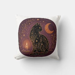 Mystical Black Cat Celestial Witchy Halloween Goth Cushion