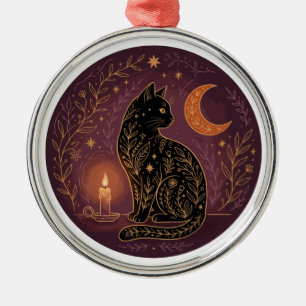 Mystical Black Cat Celestial Witchy Halloween Goth Metal Ornament