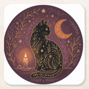 Mystical Black Cat Celestial Witchy Halloween Square Paper Coaster