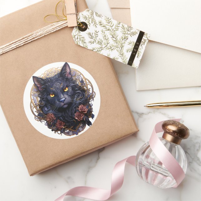Mystical Black Cat  Classic Round Sticker (Gifting)