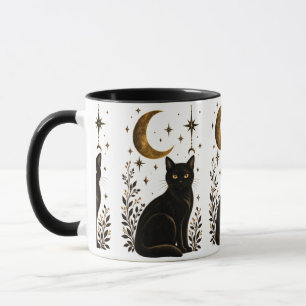 Mystical Black Cat Crescent Moon Stars Dark Gothic Mug