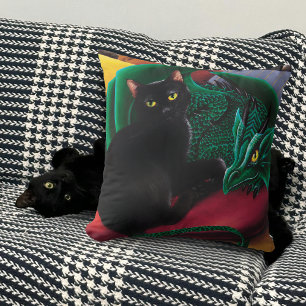 Mystical Black Cat Emerald Green Dragon Fantasy Cushion