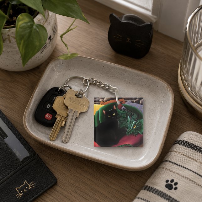 Mystical Black Cat Emerald Green Dragon Fantasy Key Ring (Creator Uploaded)