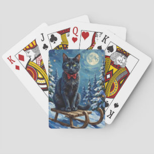 Mystical Black Cat Enchanted Winter Sled Christmas Playing Cards