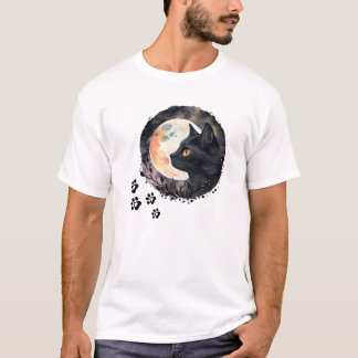 Mystical Black Cat & Full Moon Watercolor Art  T-Shirt