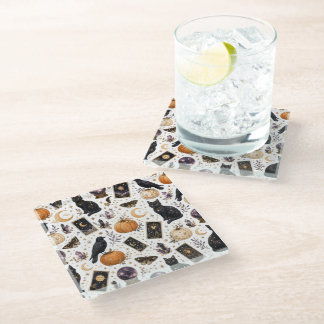Mystical Black Cat Halloween Celestial Tarot Glass Coaster