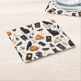Mystical Black Cat Halloween Celestial Tarot Square Paper Coaster
