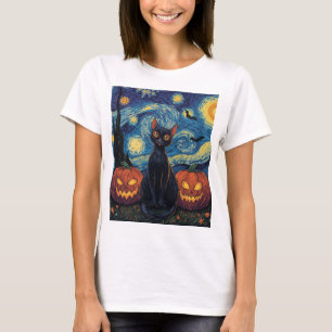 Mystical Black Cat Halloween Illustration T-Shirt