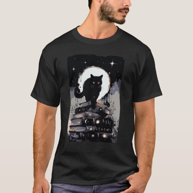 Mystical Black Cat on Celestial Book Stack T-Shirt (Front)
