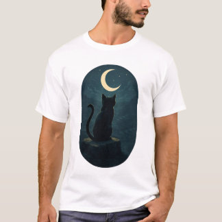 Mystical Black Cat Under the Crescent Moon T-Shirt