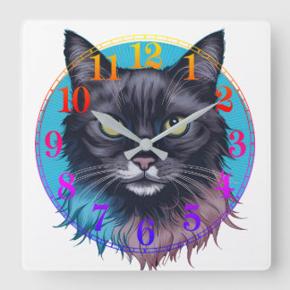 Mystical Black Cat Wall Clock, Colourful Cat Art,  Square Wall Clock