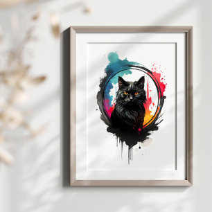Mystical Black Cat Watercolor Splash Art Poster