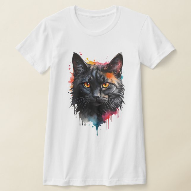 Mystical Black Cat Watercolor Splash Art  T-Shirt (Laydown)