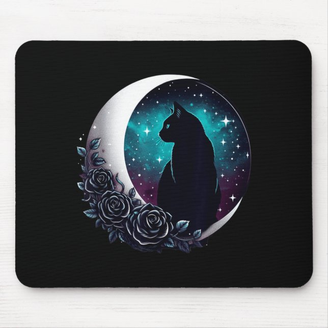 Mystical Black Cat With Moon And Roses Celestial Mouse Pad (Front)