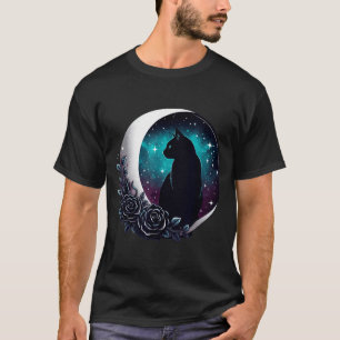 Mystical Black Cat With Moon And Roses Celestial T-Shirt