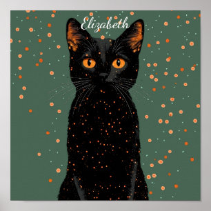 Mystical Black Cat with Orange Eyes and Glitter Poster