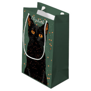 Mystical Black Cat with Orange Eyes and Glitter Small Gift Bag