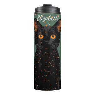 Mystical Black Cat with Orange Eyes and Glitter Thermal Tumbler