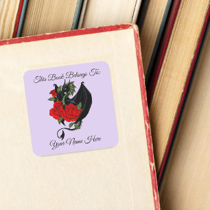 Mystical Black Dragon Red Roses Lavender Bookplate Square Sticker