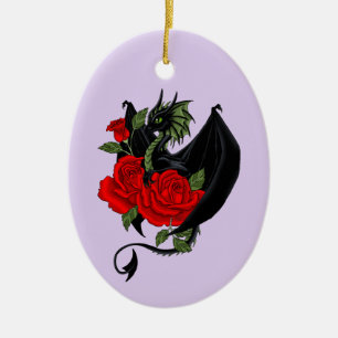 Mystical Black Dragon Red Roses Lavender Gothic Ceramic Ornament