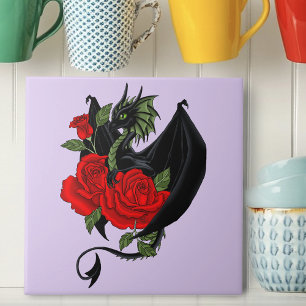 Mystical Black Dragon Red Roses Lavender Gothic Ceramic Tile