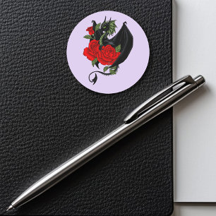 Mystical Black Dragon Red Roses Lavender Gothic Classic Round Sticker