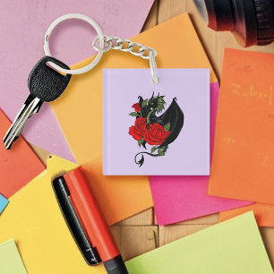Mystical Black Dragon Red Roses Lavender Gothic  Key Ring