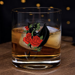 Mystical Black Dragon Red Roses Lavender Gothic Whiskey Glass