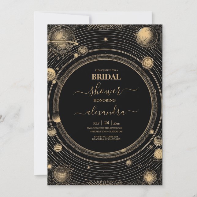 Mystical Black Gold Celestial Galaxy Bridal Shower Invitation (Front)