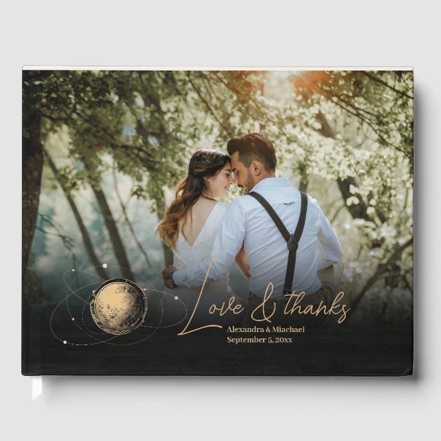 Mystical Black Gold Celestial Galaxy Wedding Guest Book (Front)