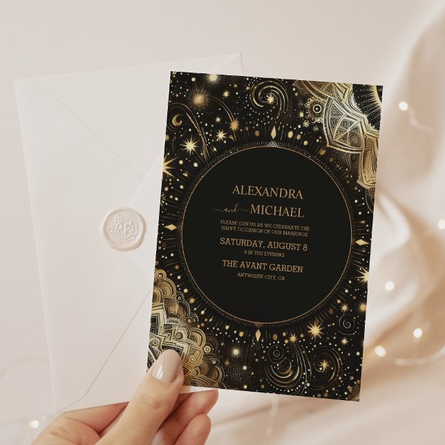 Mystical Black Gold Celestial Galaxy Wedding Invitation (Creator Uploaded)