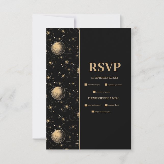 Mystical Black Gold Celestial Galaxy Wedding RSVP Card (Front)