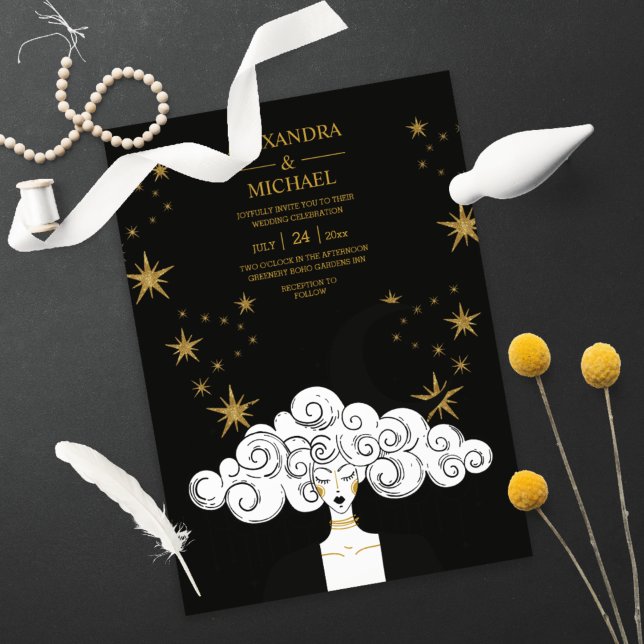 Mystical Black Gold Celestial Moon Wedding  Invita Invitation (Creator Uploaded)
