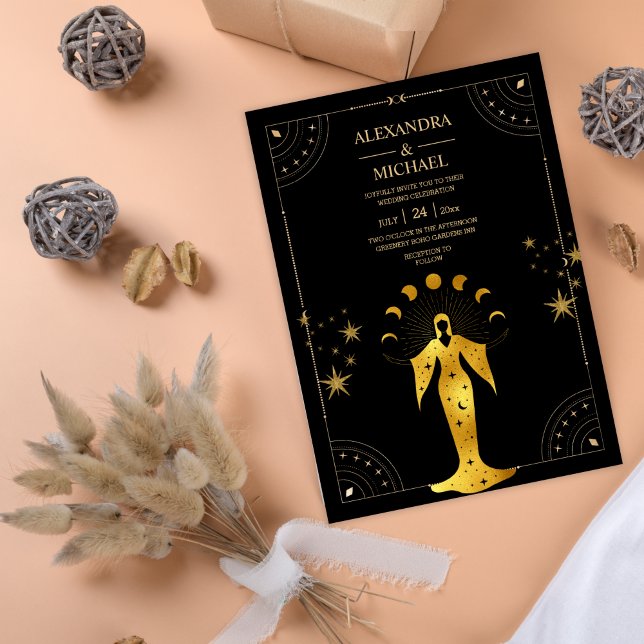 Mystical Black Gold Celestial Moon Wedding Invitat Invitation (Creator Uploaded)
