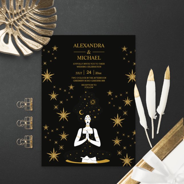 Mystical Black Gold Celestial Moon Wedding Invitat Invitation (Creator Uploaded)