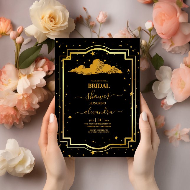 Mystical Black Gold Celestial Stars Bridal Shower Invitation (Creator Uploaded)