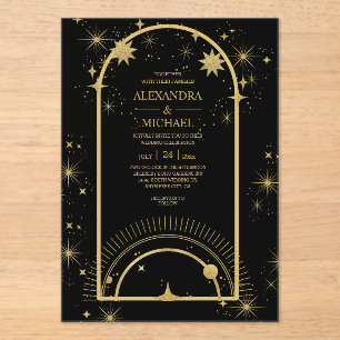 Mystical Black Gold Celestial Stars Wedding  Acrylic Invitations