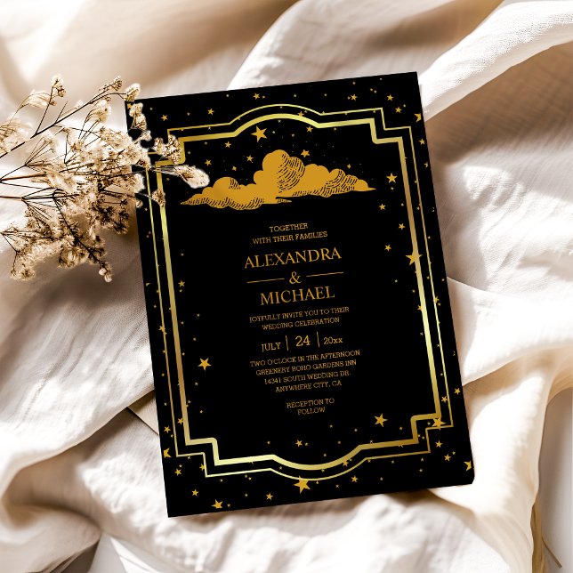 Mystical Black Gold Celestial Stars Wedding Acrylic Invitations (Creator Uploaded)