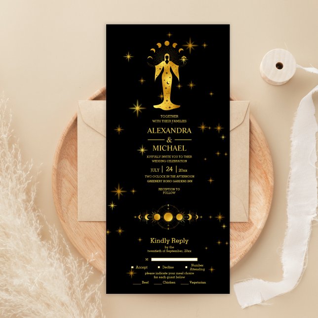 Mystical Black Gold Celestial Stars Wedding  All In One Invitation (Creator Uploaded)