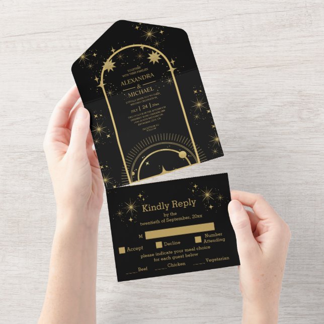 Mystical Black Gold Celestial Stars Wedding All In One Invitation (Tearaway)