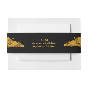 Mystical Black Gold Celestial Stars Wedding  Invitation Belly Band