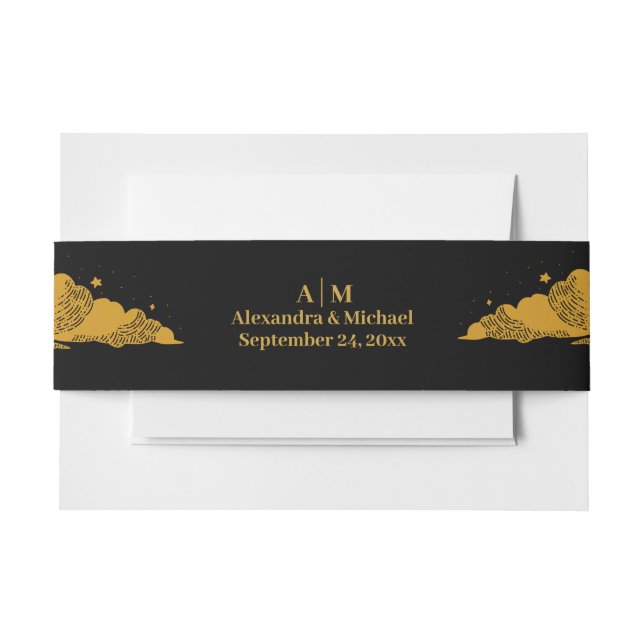 Mystical Black Gold Celestial Stars Wedding  Invitation Belly Band (Front Example)