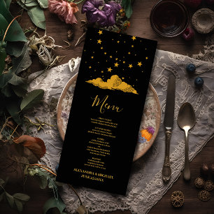 Mystical Black Gold Celestial Stars Wedding Menu