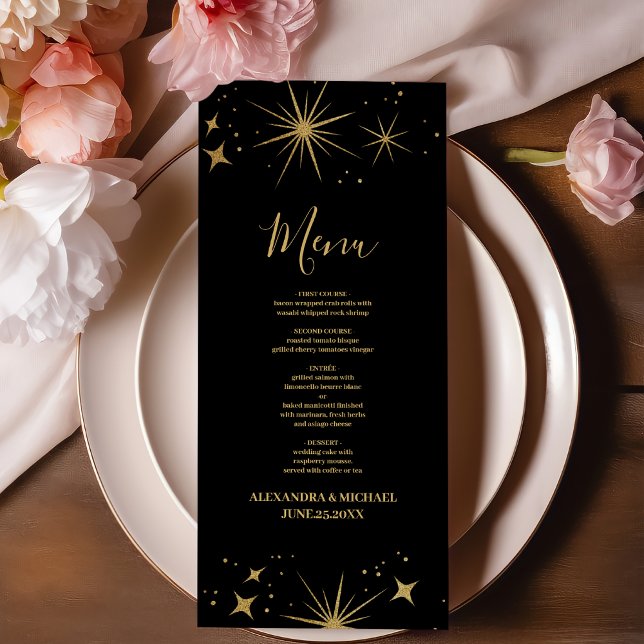 Mystical Black Gold Celestial Stars Wedding  Menu (Creator Uploaded)