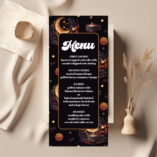 Mystical Black Gold Celestial Stars Wedding Menu (Creator Uploaded)