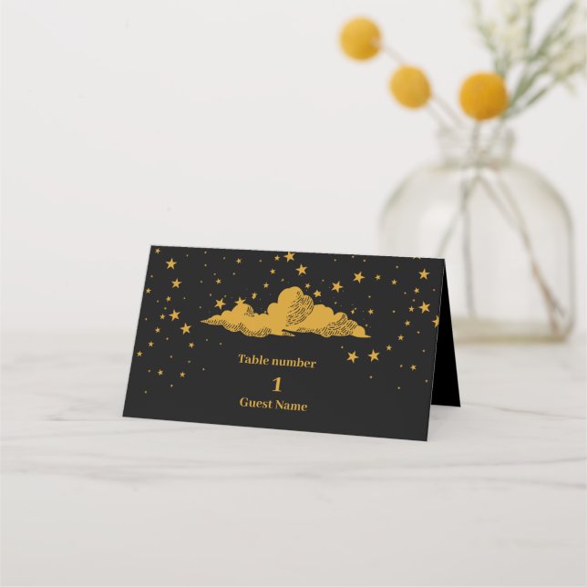 Mystical Black Gold Celestial Stars Wedding  Place Card (Front)