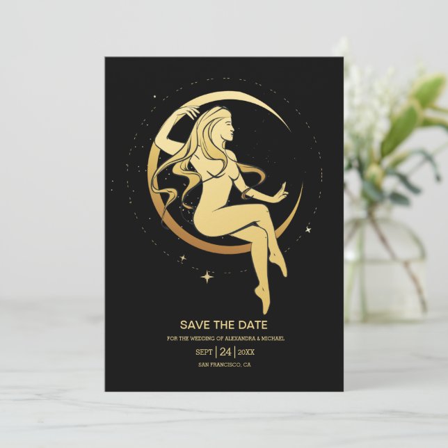 Mystical Black Gold Celestial Stars Wedding  Save  The Date (Standing Front)