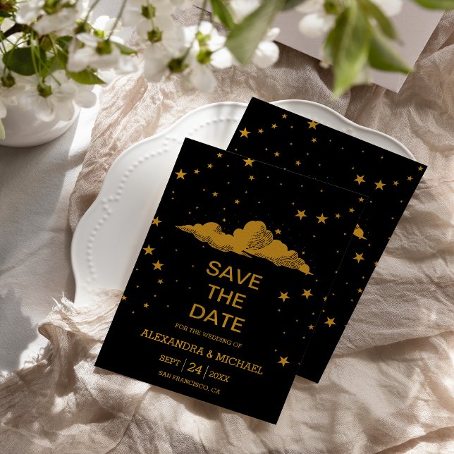 Mystical Black Gold Celestial Stars Wedding  Save The Date (Creator Uploaded)