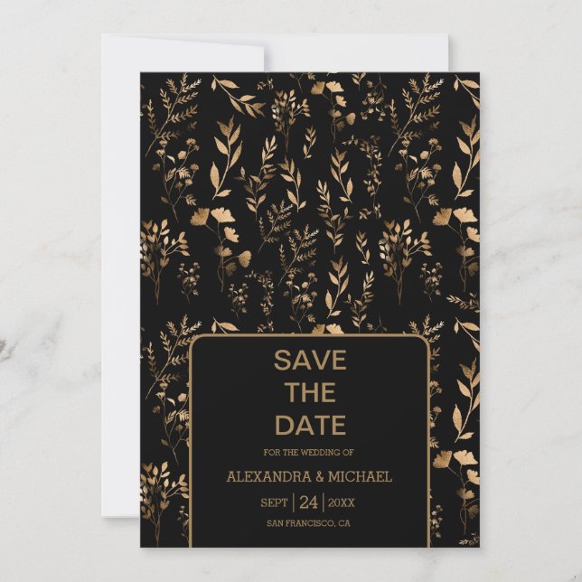 Mystical Black Gold Celestial Stars Wedding  Save The Date (Front)