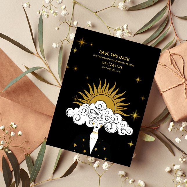 Mystical Black Gold Celestial Sun Wedding Save The Date (Creator Uploaded)